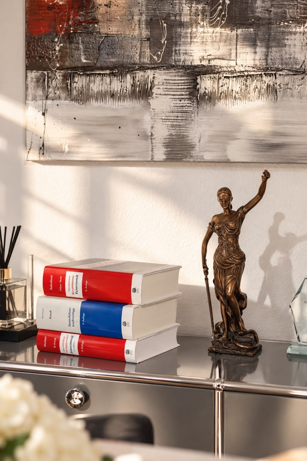 Justitia-Statue neben Fachbüchern